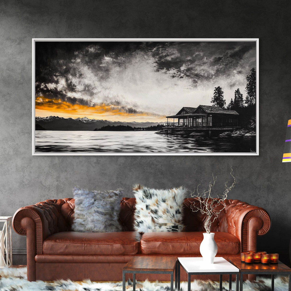 Sunset Cabin, Lake House Art, Mountain Retreat, Framed Canvas Print, Rustic Home Decor, Nature Wall Art, Bedroom Wall Art