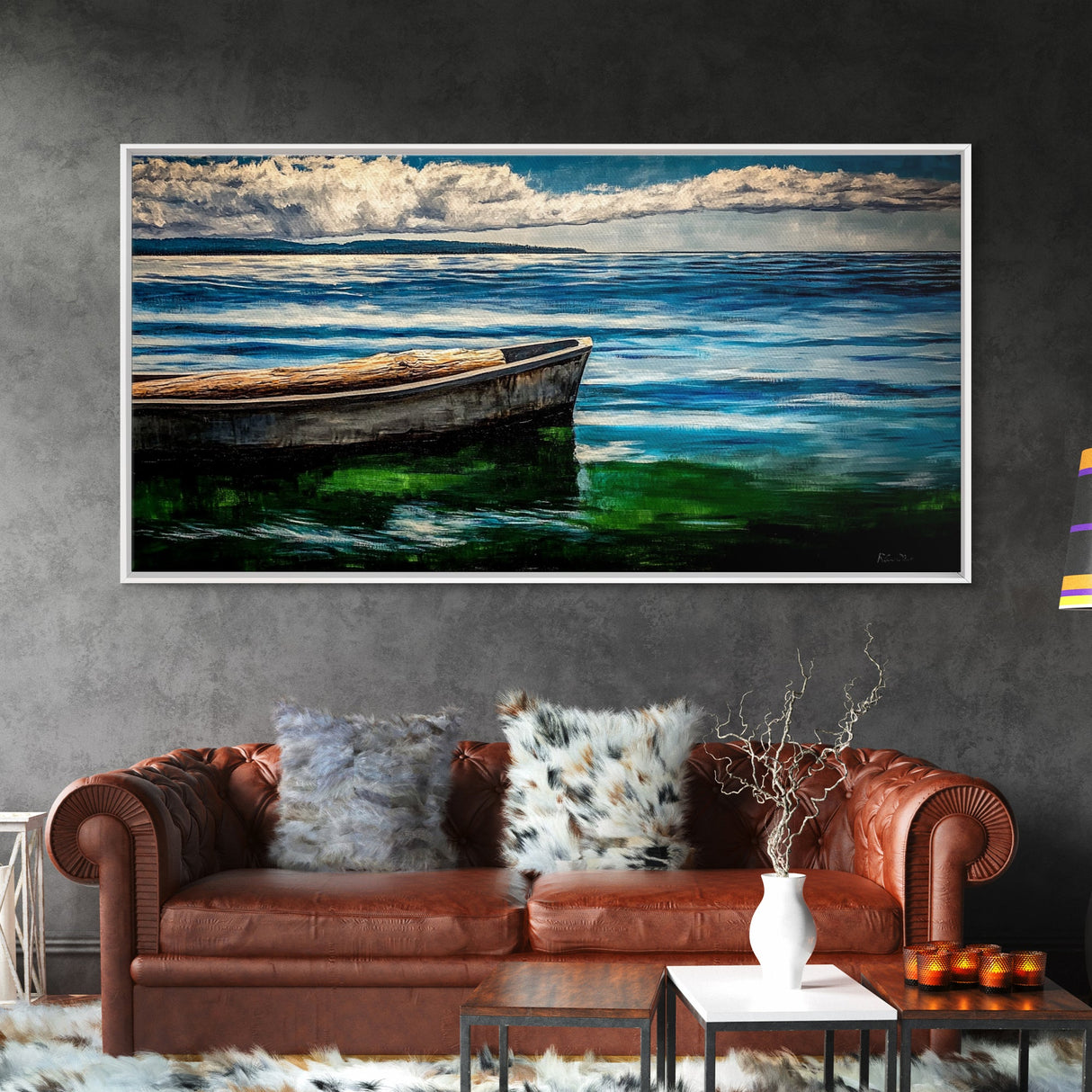 Lonely Boat, Ocean Painting, Nautical Home Decor, Framed Canvas Print, Coastal Wall Art, Blue Water Art, Beach House Art