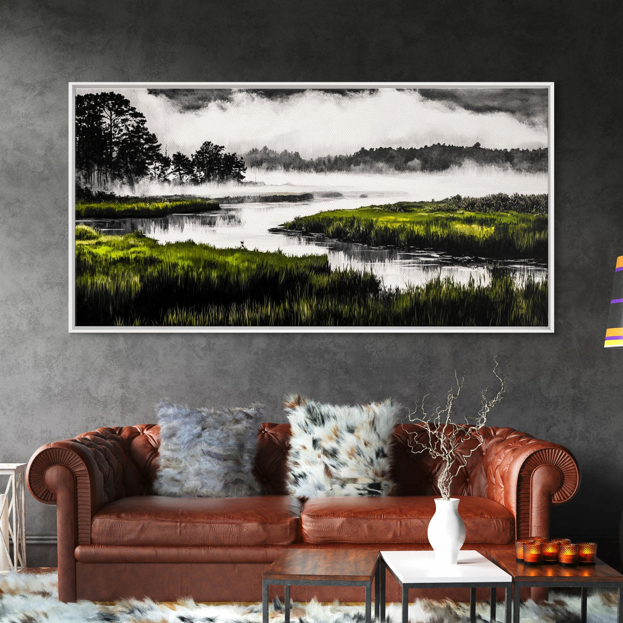 Misty Marsh, Green Landscape, Nature Lover Art, Framed Canvas Print, Serene Wall Art, Living Room Art, Minimalist Decor