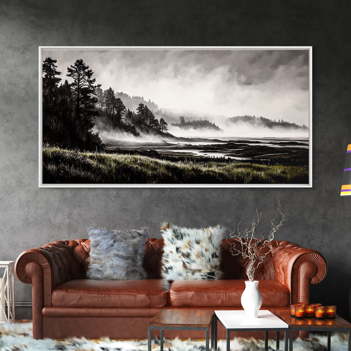 Foggy Hills, Woodland Landscape, Monochrome Art, Canvas Print, Rustic Nature Decor, Peaceful Wall Art, Mountain Art