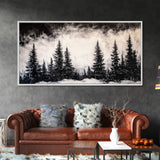 Pine Trees, Fog, Winter, Black and White, Framed Canvas Print, Mountain Art, Rustic Cabin Decor, Christmas Gift, Minimalist Home Wall Art