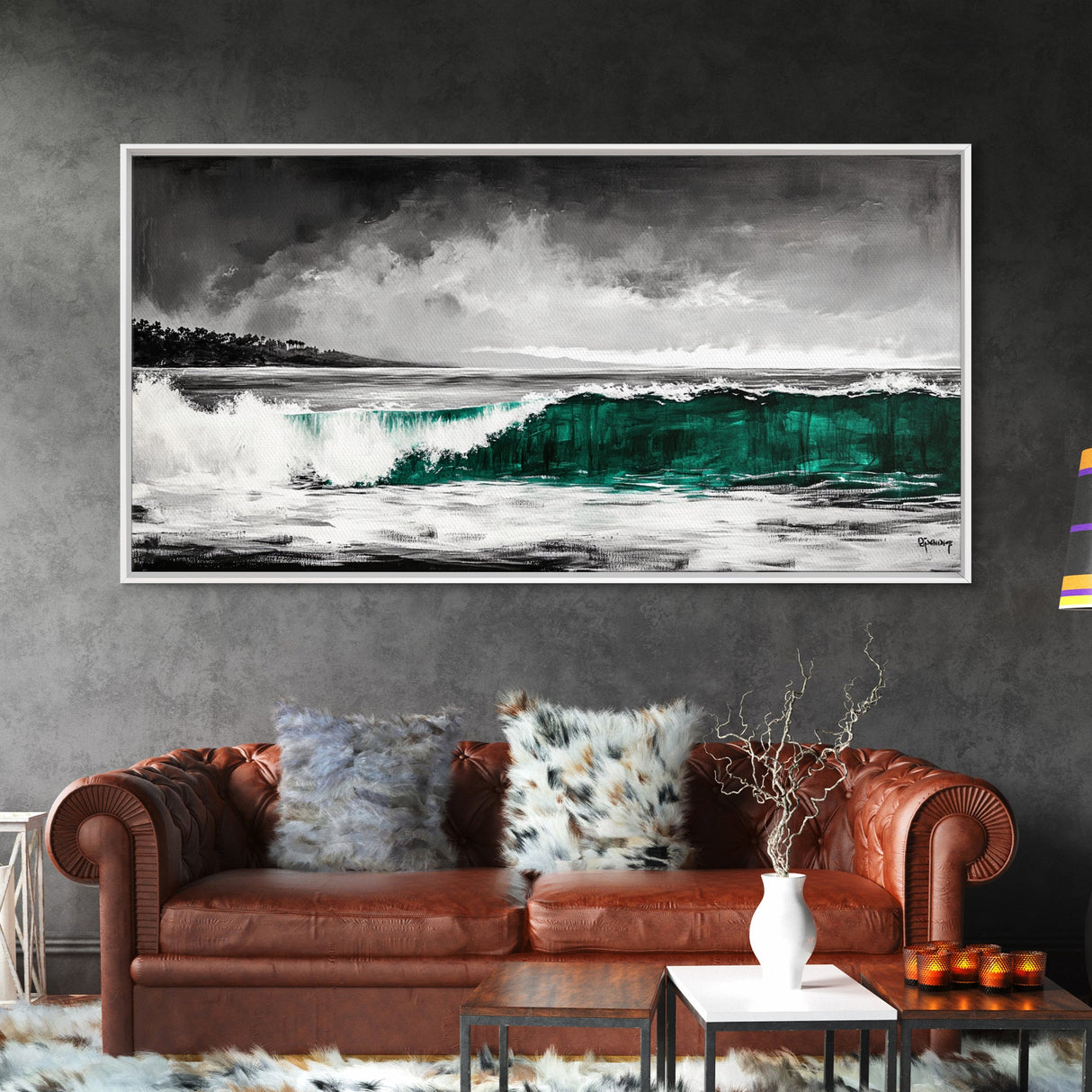 Green Ocean Wave, Dramatic, Black and White, Framed Canvas Print, Coastal Wall Art, Surfer Decor, Beach House Art, Nautical Decor