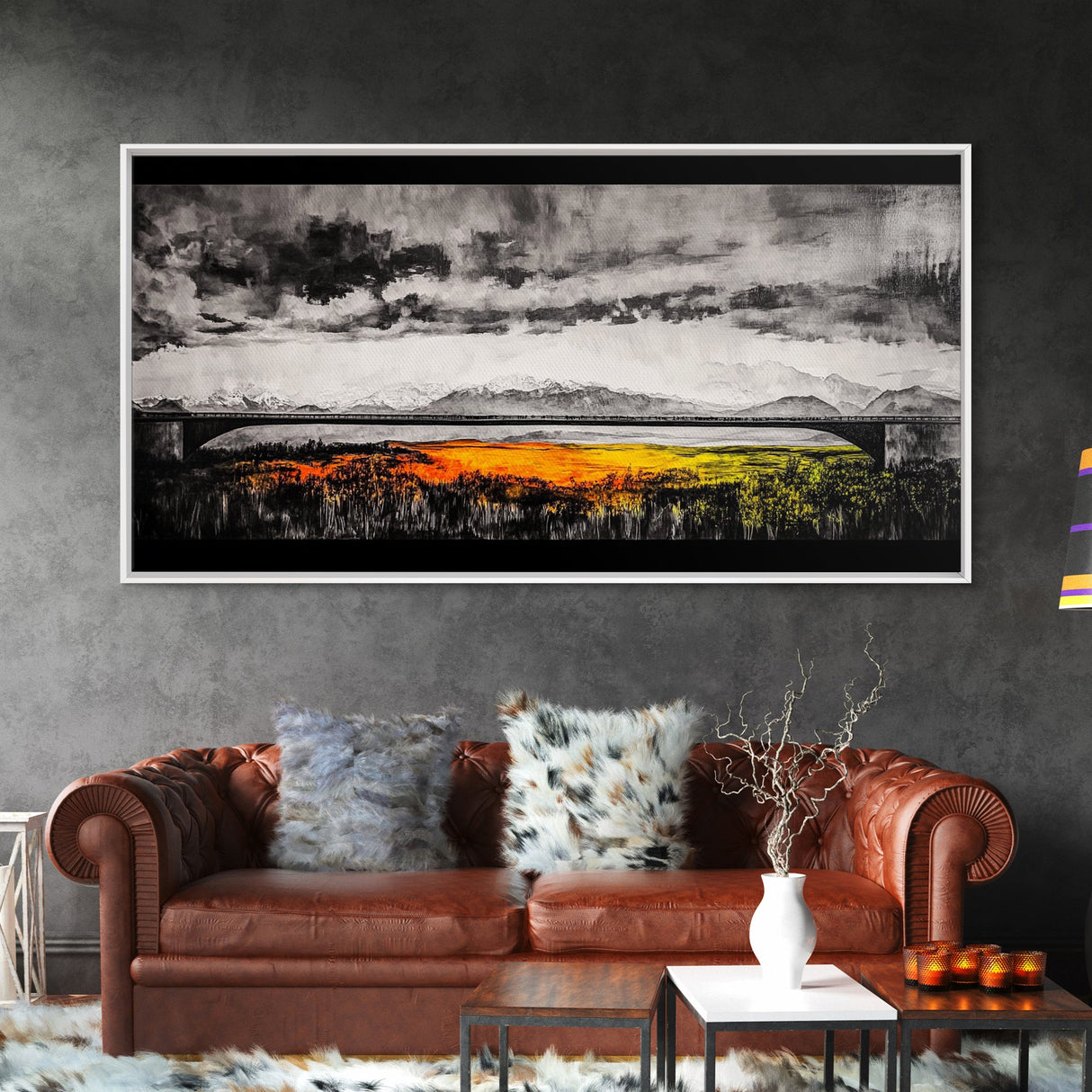 Train Bridge, Dramatic Sky, Mountains, Framed Canvas Print, Moody Landscape, Black and White Art, Rustic Decor, Office Wall Art