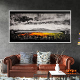 Train Bridge, Dramatic Sky, Mountains, Framed Canvas Print, Moody Landscape, Black and White Art, Rustic Decor, Office Wall Art