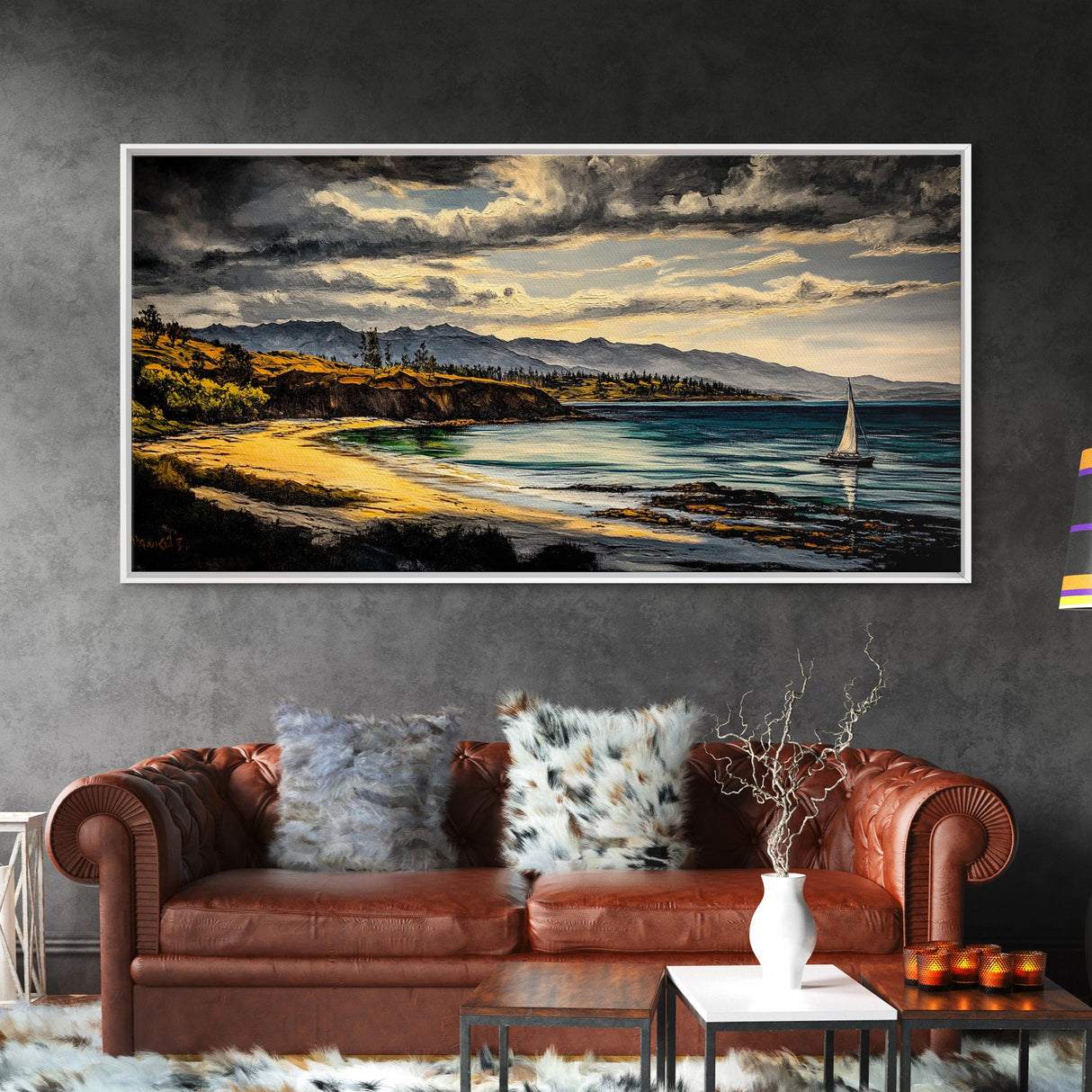 Sailboat, Coastal Sunset, Dramatic Sky, Framed Canvas Print, Nautical Wall Art, Beach House Decor, Ocean Lover Gift, Living Room Art
