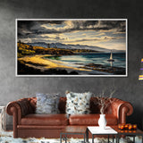 Sailboat, Coastal Sunset, Dramatic Sky, Framed Canvas Print, Nautical Wall Art, Beach House Decor, Ocean Lover Gift, Living Room Art