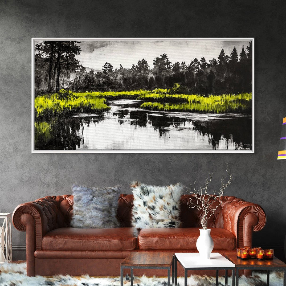 River Reflection, Minimalist Nature Art, Framed Canvas Print, Black and White Landscape, Modern Wall Decor, Office Wall Art