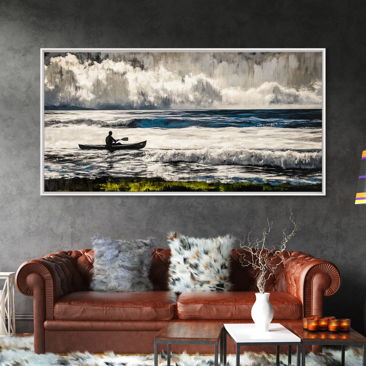 Kayaker on the Waves, Black and White Canvas Print, Ocean Adventure Wall Art, Nautical Decor, Living Room Artwork, Framed Canvas Print