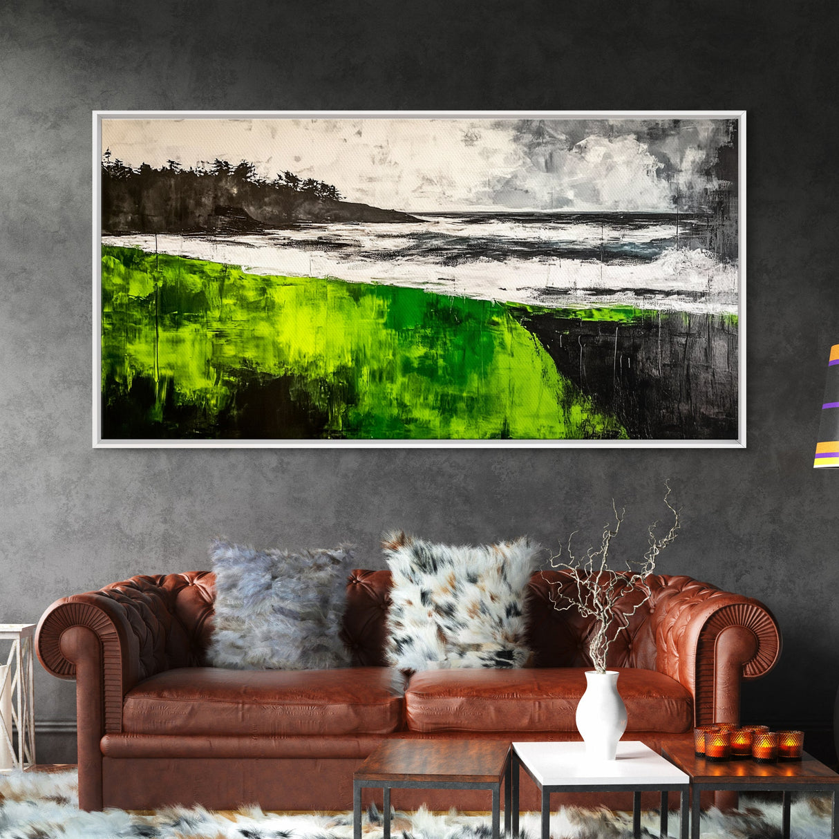 Green Cliffside, Coastal Landscape, Ocean Art, Black and White Seascape, Modern Home Decor, Nautical Theme Artwork, Framed Canvas Print