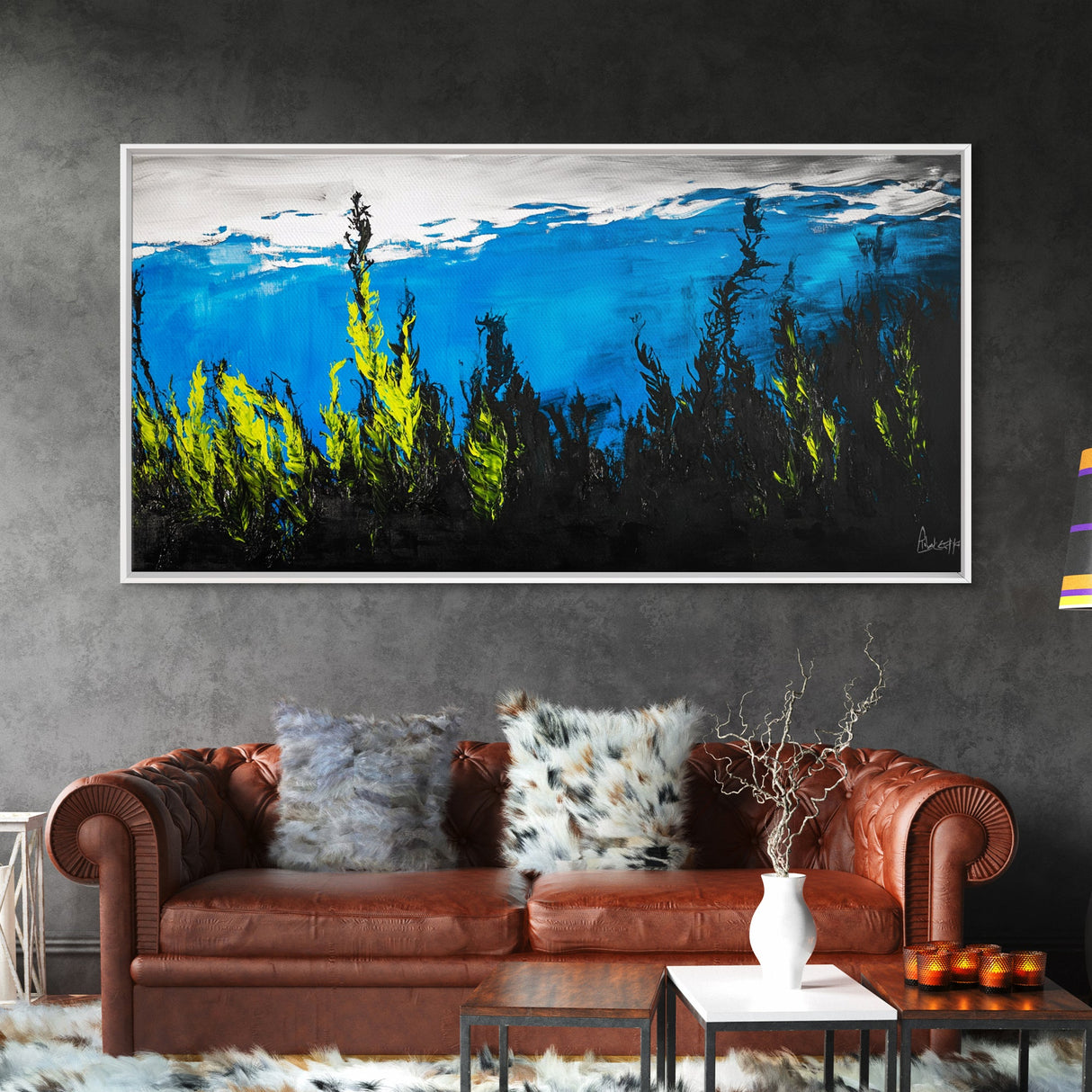 Underwater Seascape Painting, Blue and Yellow Canvas Print, Ocean Wall Art, Marine Decor, Vibrant Home Aesthetic, Framed Canvas Print