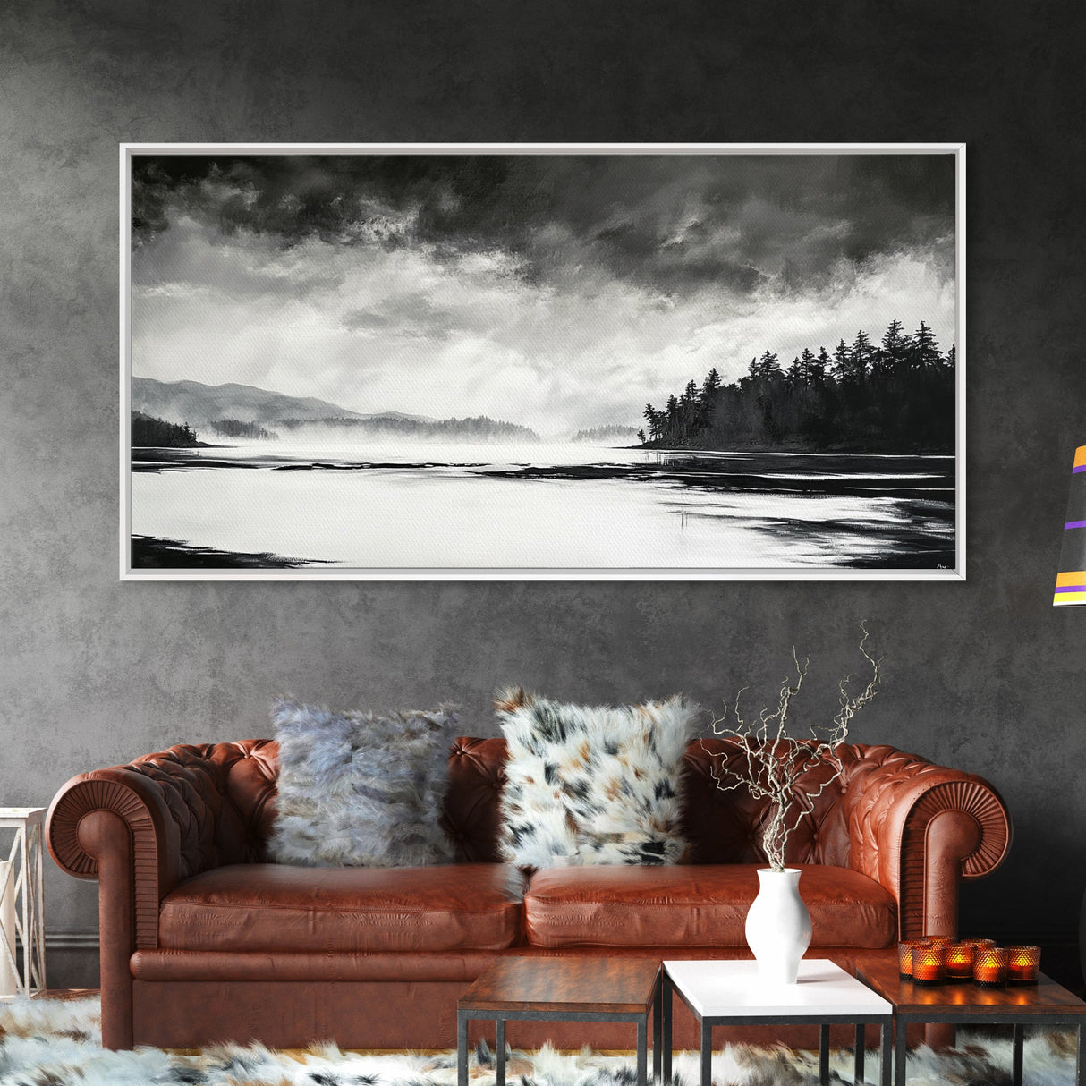 Monochrome Landscape Art, Misty Lake Canvas Print, Nature Wall Decor, Black and White Painting, Living Room Artwork, Framed Canvas Print