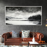 Monochrome Landscape Art, Misty Lake Canvas Print, Nature Wall Decor, Black and White Painting, Living Room Artwork, Framed Canvas Print