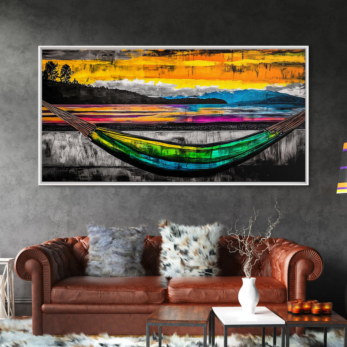 Hammock Sunset Relaxation Art, Framed Canvas Print, Colorful Beach Wall Art, Tropical Home Decor, Vibrant Living Room Art, Boho Art