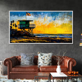 Lifeguard Tower, Sunset, Coast, Framed Canvas Print, California Beach Wall Art, Surf Decor, Vibrant Seaside Art, Coastal Home Decor