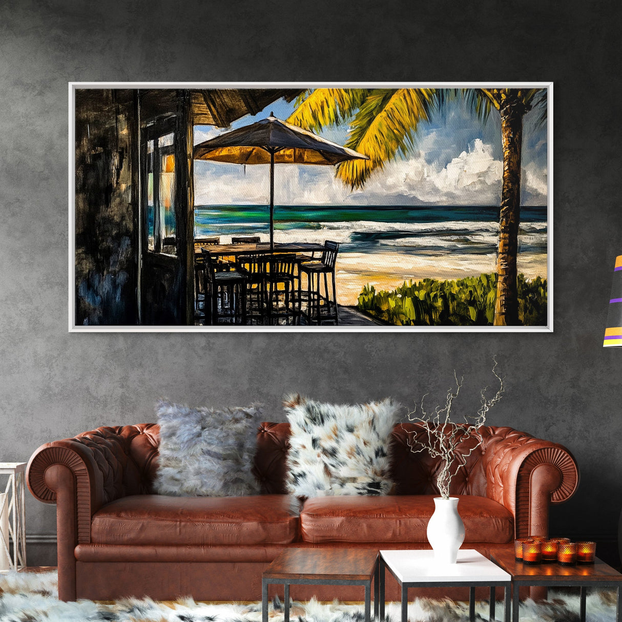 Oceanfront Cafe, Tropical Beach View, Nautical Home Art, Relaxing Coastal Decor, Boho Beach House, Seaside Paradise, Framed Canvas Print
