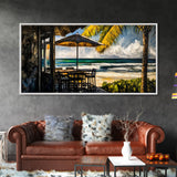 Oceanfront Cafe, Tropical Beach View, Nautical Home Art, Relaxing Coastal Decor, Boho Beach House, Seaside Paradise, Framed Canvas Print