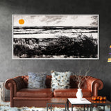 Coastal, Minimalist, Black and White, Framed Canvas Print, Ocean Sunset Wall Art, Beach House Decor, Nautical Artwork, Serene Seascape