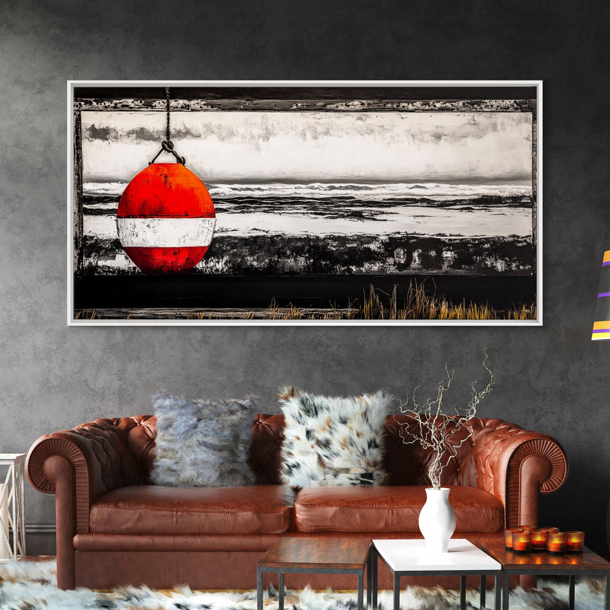 Red Buoy, Nautical, Coastal, Framed Canvas Print, Black and White Beach Scene, Ocean Wall Art, Maritime Decor, Fisherman’s House Artwork