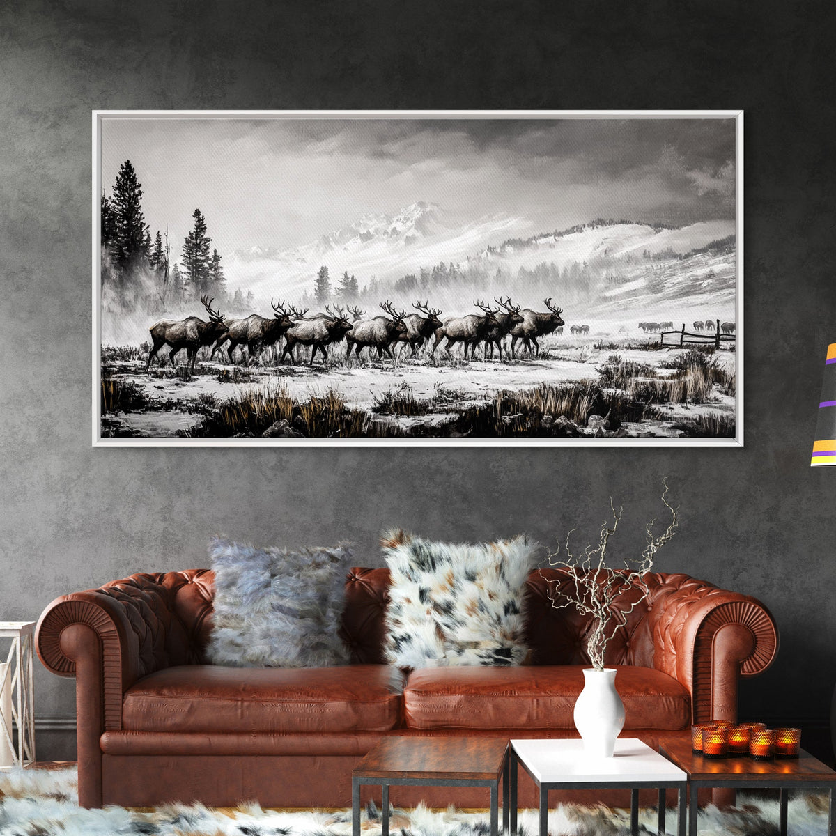 Elk, Wildlife, Mountain, Framed Canvas Print, Rustic Lodge Art, Winter Nature Scene, Cabin Wall Decor, Hunting Artwork, Western Aesthetic