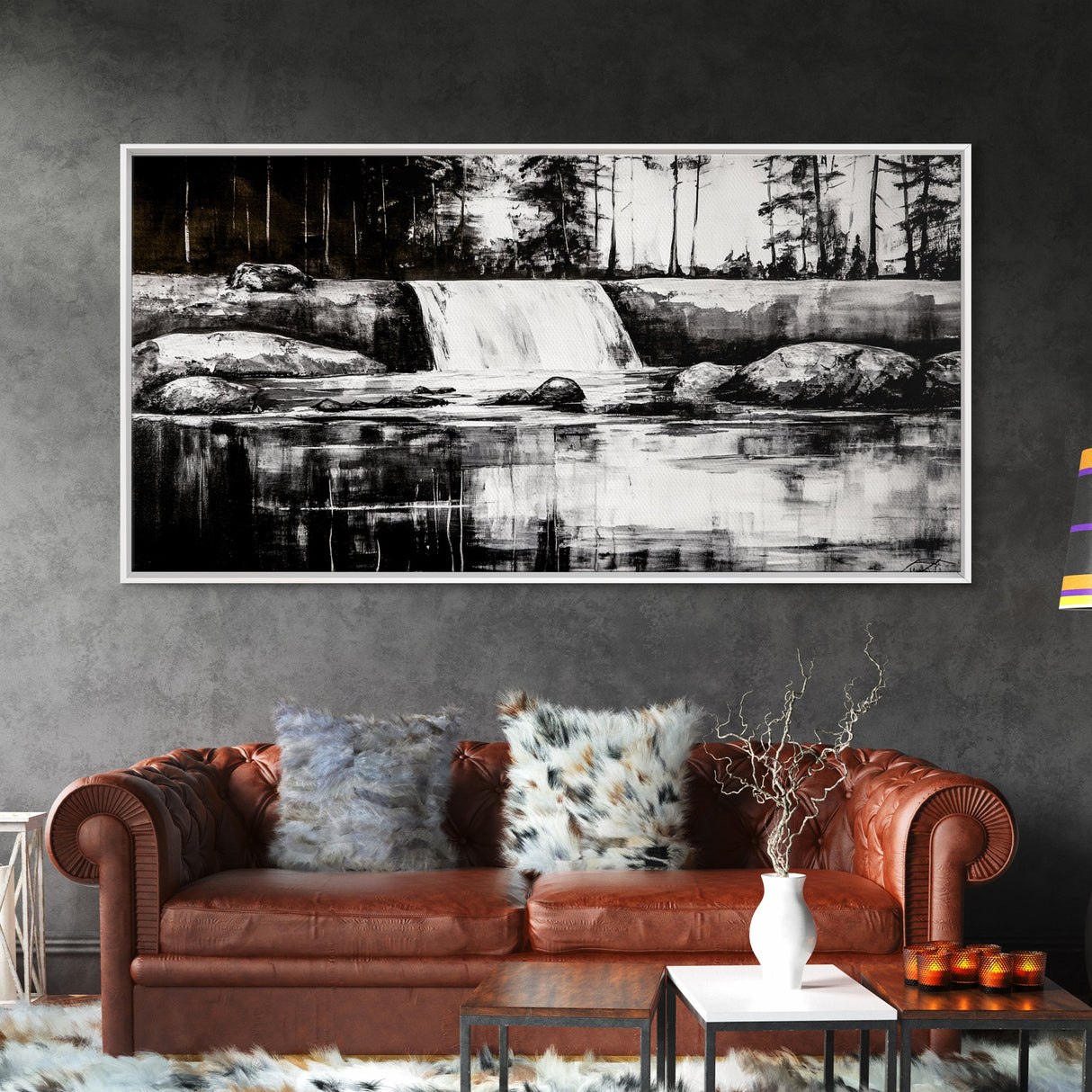 Waterfall Landscape, Black and White Nature Art, Forest Wall Decor, Rustic Art, Minimalist Landscape, Cabin Artwork, Framed Canvas Print