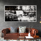 Waterfall Landscape, Black and White Nature Art, Forest Wall Decor, Rustic Art, Minimalist Landscape, Cabin Artwork, Framed Canvas Print