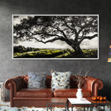 Oak Tree, Scenic Meadow, Black and White Landscape, Framed Canvas Print, Nature Wall Art, Large Canvas Artwork, Living Room Decor
