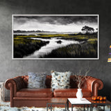 Marshland Scene, Serene Landscape, Black and White Nature Art, Modern Decor, Misty Grasslands, Living Room Artwork, Framed Canvas Print