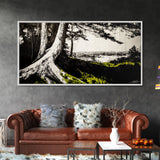 Forest Tree, Ocean View, Coastal Landscape, Canvas Print, Nature Wall Art, Black and White Art, Cabin Wall Decor, Rustic Wall Art