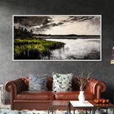 Marshland, Moody Sky, Lakeside View, Canvas Print, Nature Photography, Living Room Wall Art, Rustic Landscape, Neutral Tones Decor
