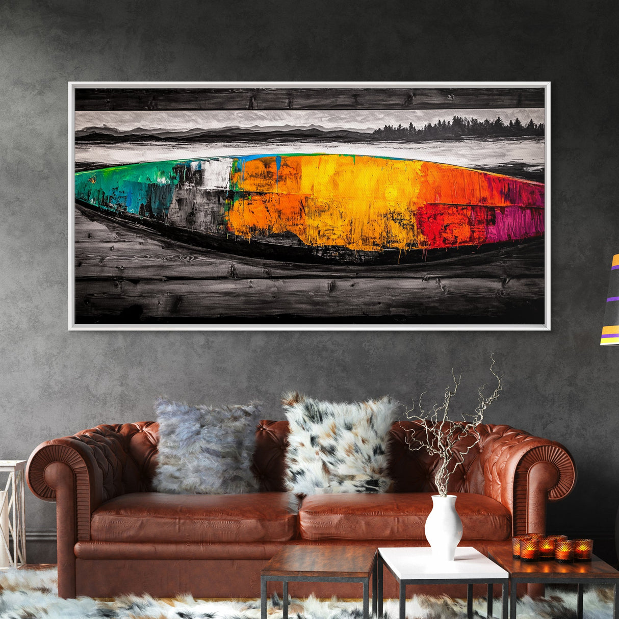 Abstract Canoe, Vibrant Boat Painting, Coastal Art, Modern Boho Decor, Colorful Wall Art, Framed Canvas Print, Dining Room Accent