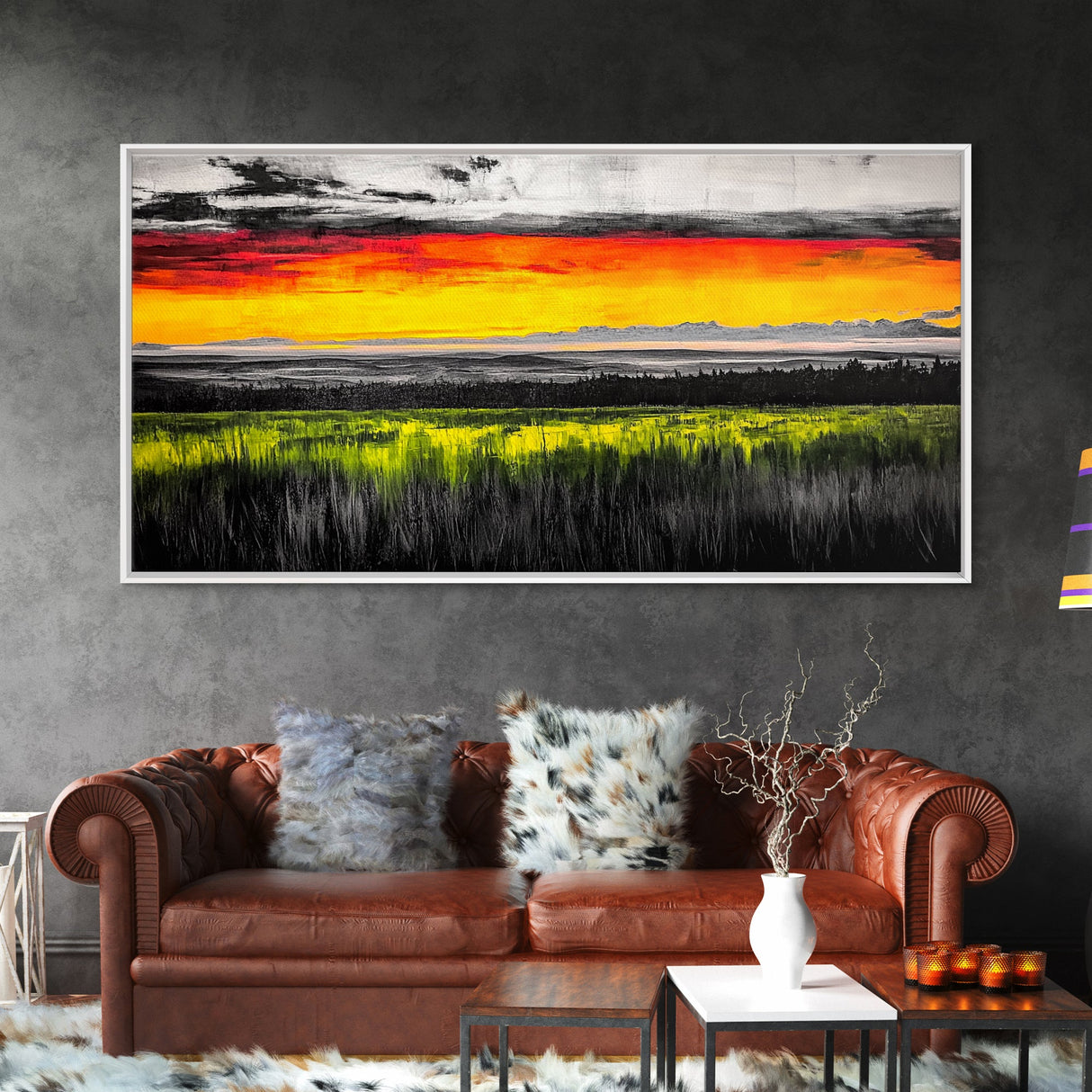 Sunset Meadow, Vibrant Sky Over Rolling Hills, Nature Landscape Painting, Bold Color Art, Canvas Print, Farmhouse Decor, Dining Room Art