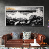 Rocky Shore, Powerful Ocean Waves, Dramatic Black and White Seascape, Coastal Home Decor, Framed Canvas Print, Living Room Accent