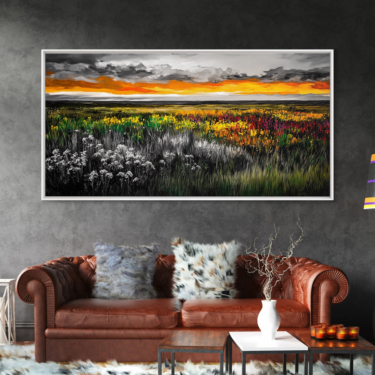 Vibrant Sunset, Colorful Sky, Wildflower Meadow, Framed Canvas Print, Fall Landscape, Nature Art, Living Room Decor, Rustic Warmth
