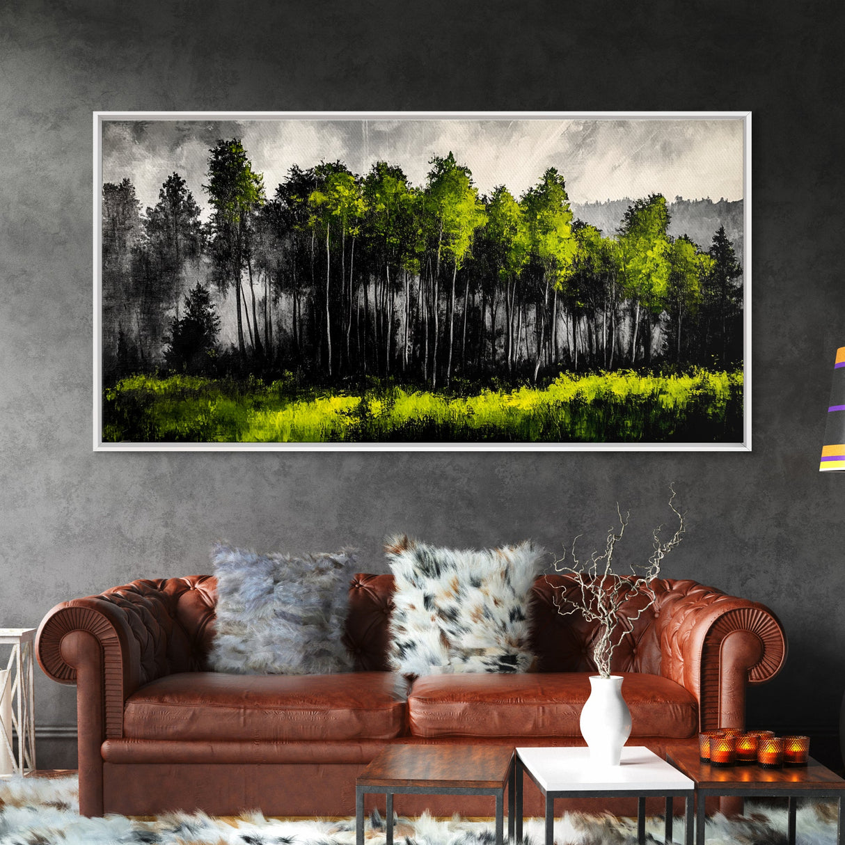 Misty Forest, Dark Green, Woodland Print, Nature Wall Art, Large Framed Artwork, Rustic Cabin Decor, Wilderness Painting, Moody Wall Art