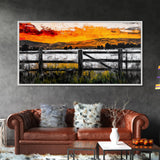 Sunset Fence, Mountain View, Rustic Canvas Print, Large Wall Art, Autumn, Farmhouse Painting, Framed Canvas Print, Moody Home Decor