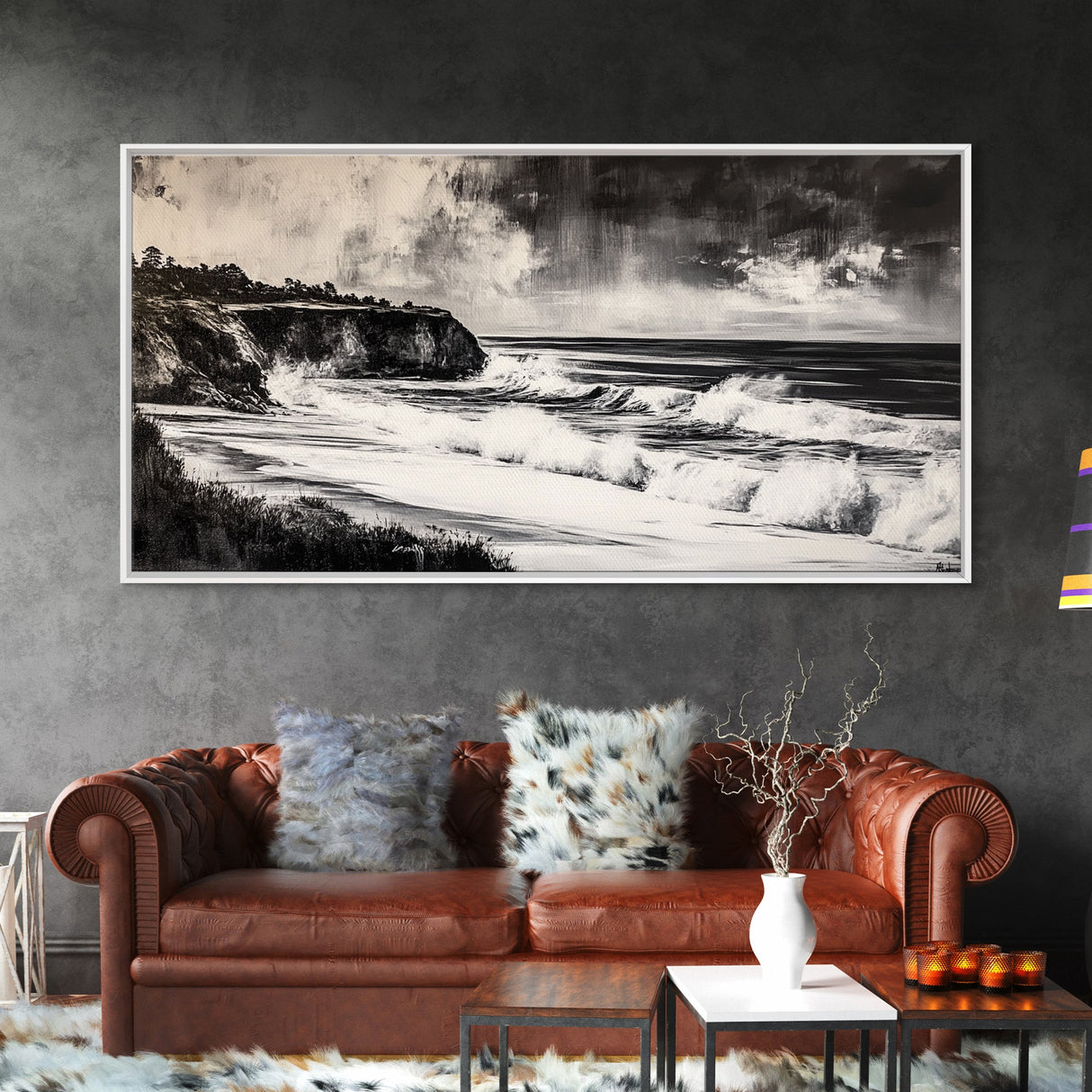 Ocean Waves, Coastal Landscape, Black and White, Framed Canvas Print, Nautical Wall Art, Minimalist Art, Living Room Wall Decor