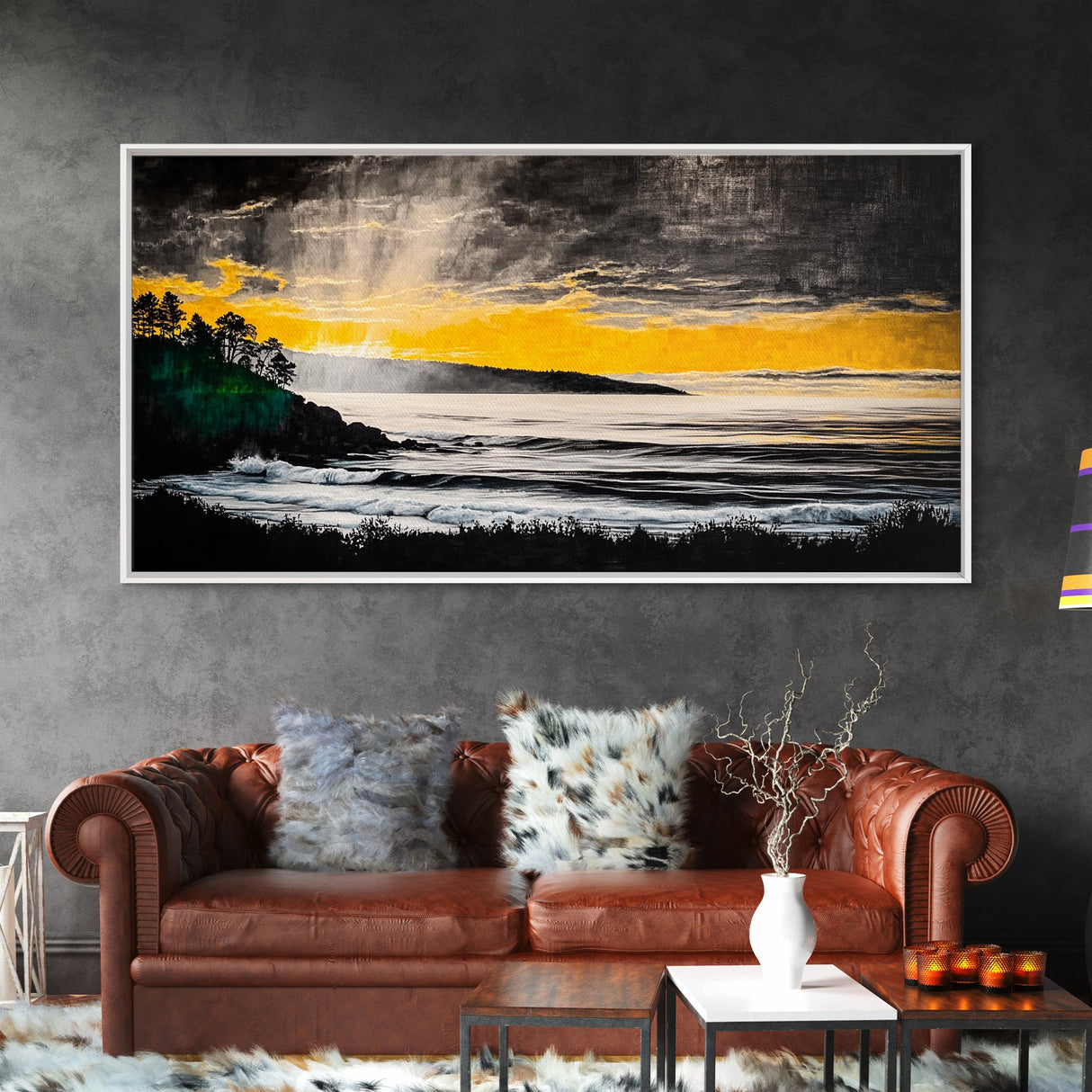 Golden Sunset, Coastal Painting, Dramatic Sky, Framed Canvas Print, Seascape Wall Art, Contemporary Art, Bedroom Wall Decoration
