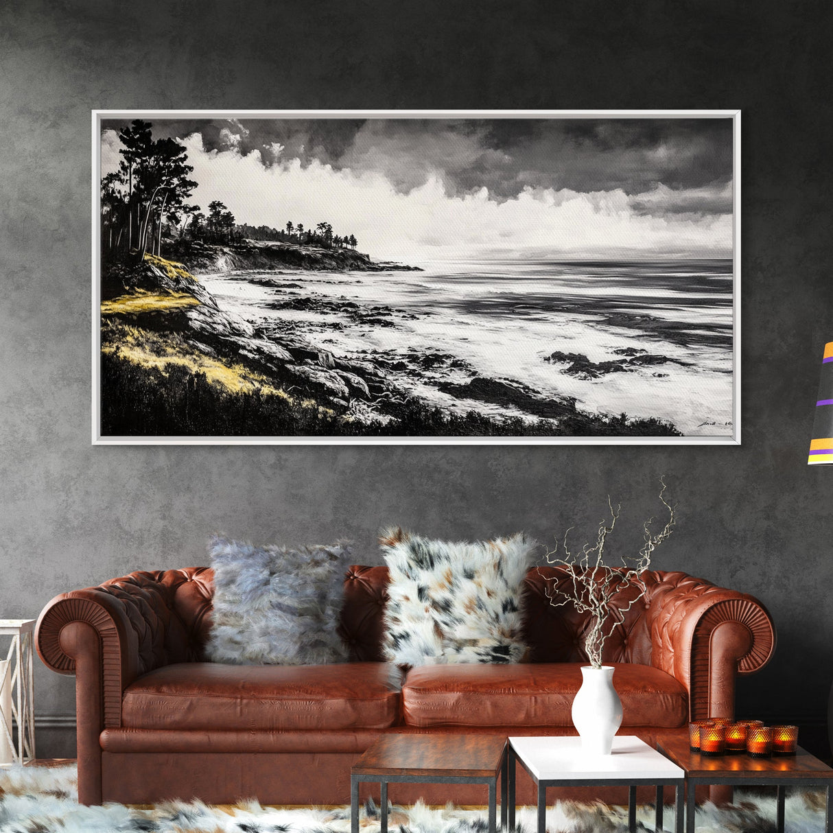Rocky Shore, Monochrome Art, Serene Beach, Canvas Print, Coastal Landscape, Minimalist Art, Office Wall Decor, Nature Inspired Art