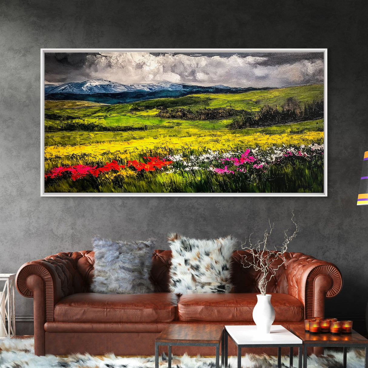 Spring Meadow Landscape, Mountain Wildflower Art, Vibrant Nature Wall Art, Farmhouse Decor, Impressionist Landscape, Framed Canvas Print
