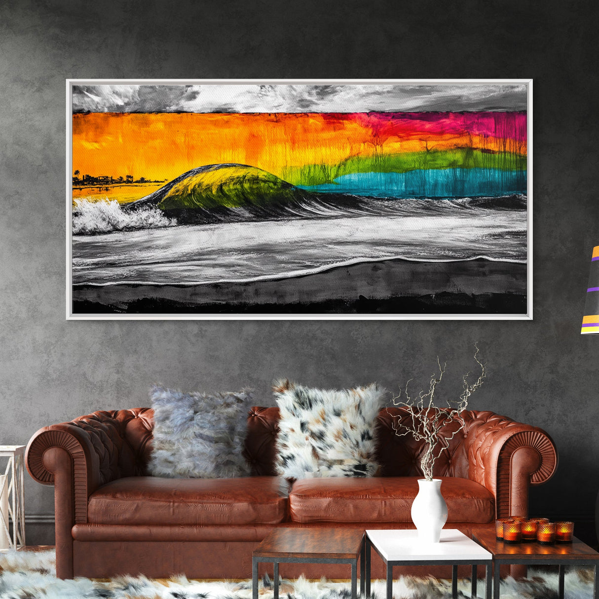 Colorful Wave, Tropical Sunset, Surf Art, Canvas Print, Beach Wall Art, Coastal Decor, Vibrant Ocean Painting, Framed Canvas Print, Large Wall Art