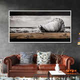 Seashell and Waves, Nautical Art, Coastal Beach Decor, Black and White Seascape, Ocean Home Art, Framed Canvas Print, Elegant Art