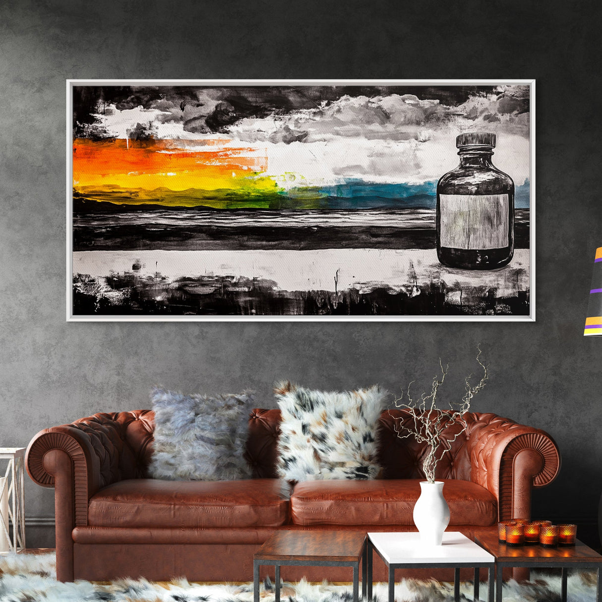 Medicine Bottle, Surreal Art, Sunset Print, Framed Canvas Print, Dreamy Landscape, Modern Wall Decor, Eclectic Art, Office Artwork