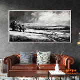 Winter Landscape, Black White, Scenic Country Road, Framed Canvas Print, Serene Nature Art, Rustic Wall Decor, Bedroom Artwork