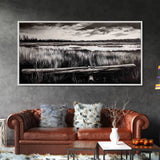 Marshland, Serene, Nature, Black and White, Framed Canvas Print, Landscape Painting, Rustic Wall Art, Cabin Decor, Neutral Tone Art