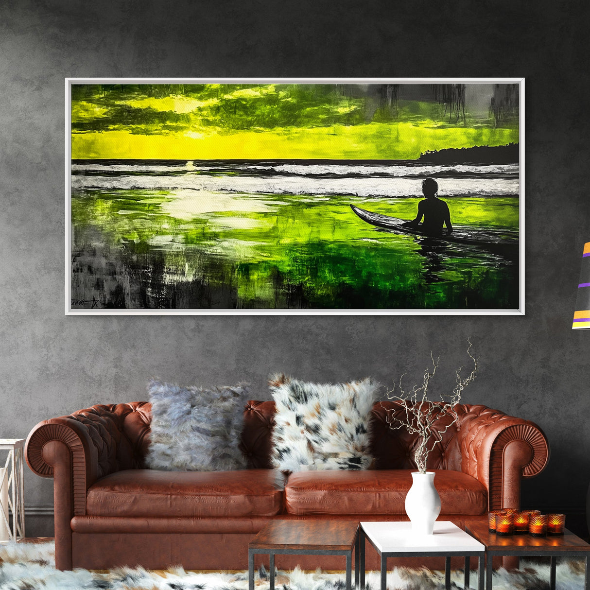 Surfer Waiting, Ocean Art, Tropical Canvas Print, Vibrant Green, Modern Wall Art, Surfing Decor, Beach House Vibes, Coastal Painting
