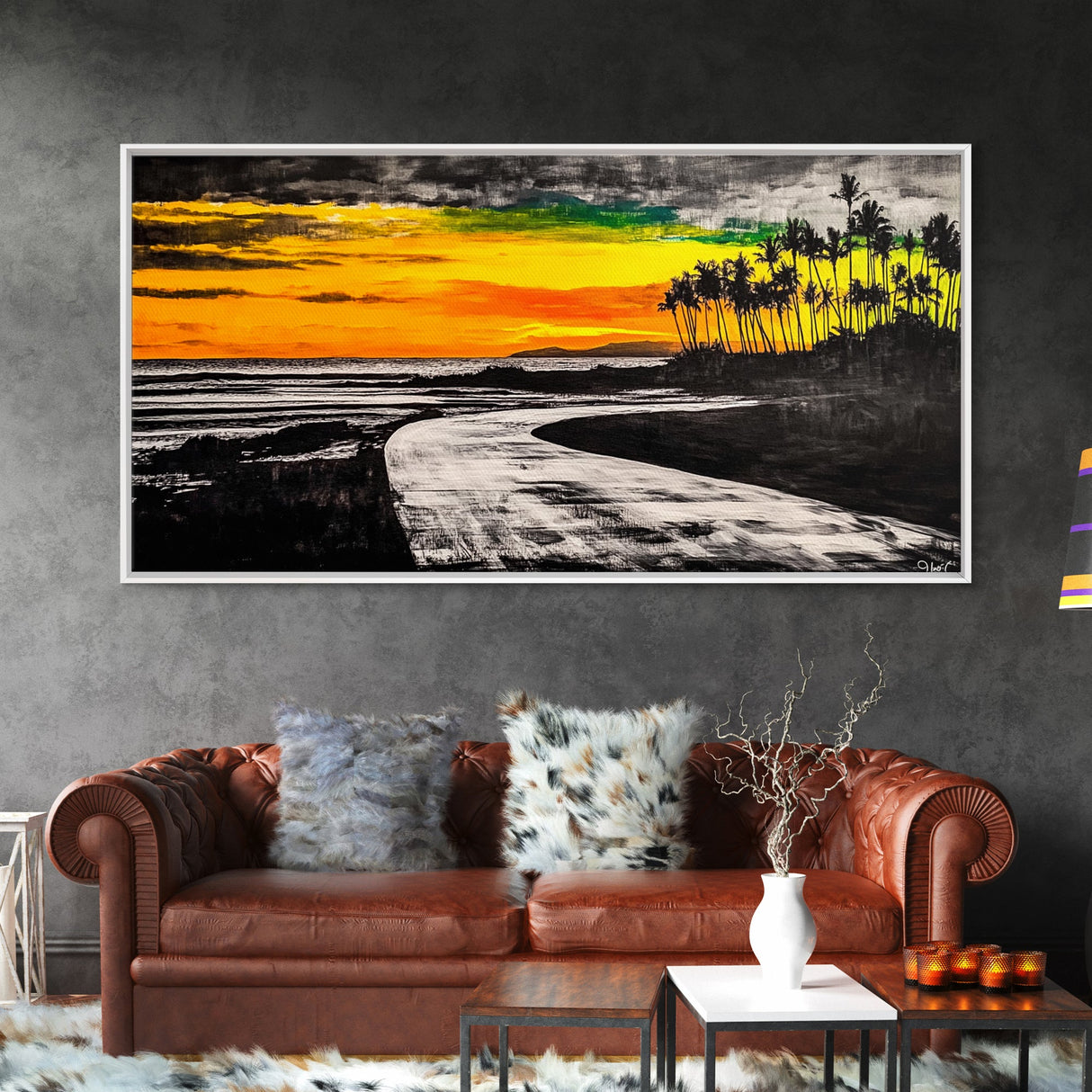 Tropical Beach, Sunset Painting, Ocean Horizon, Modern Coastal Decor, Palm Tree Art, Framed Canvas Print, Living Room Wall Art, Beach Scene