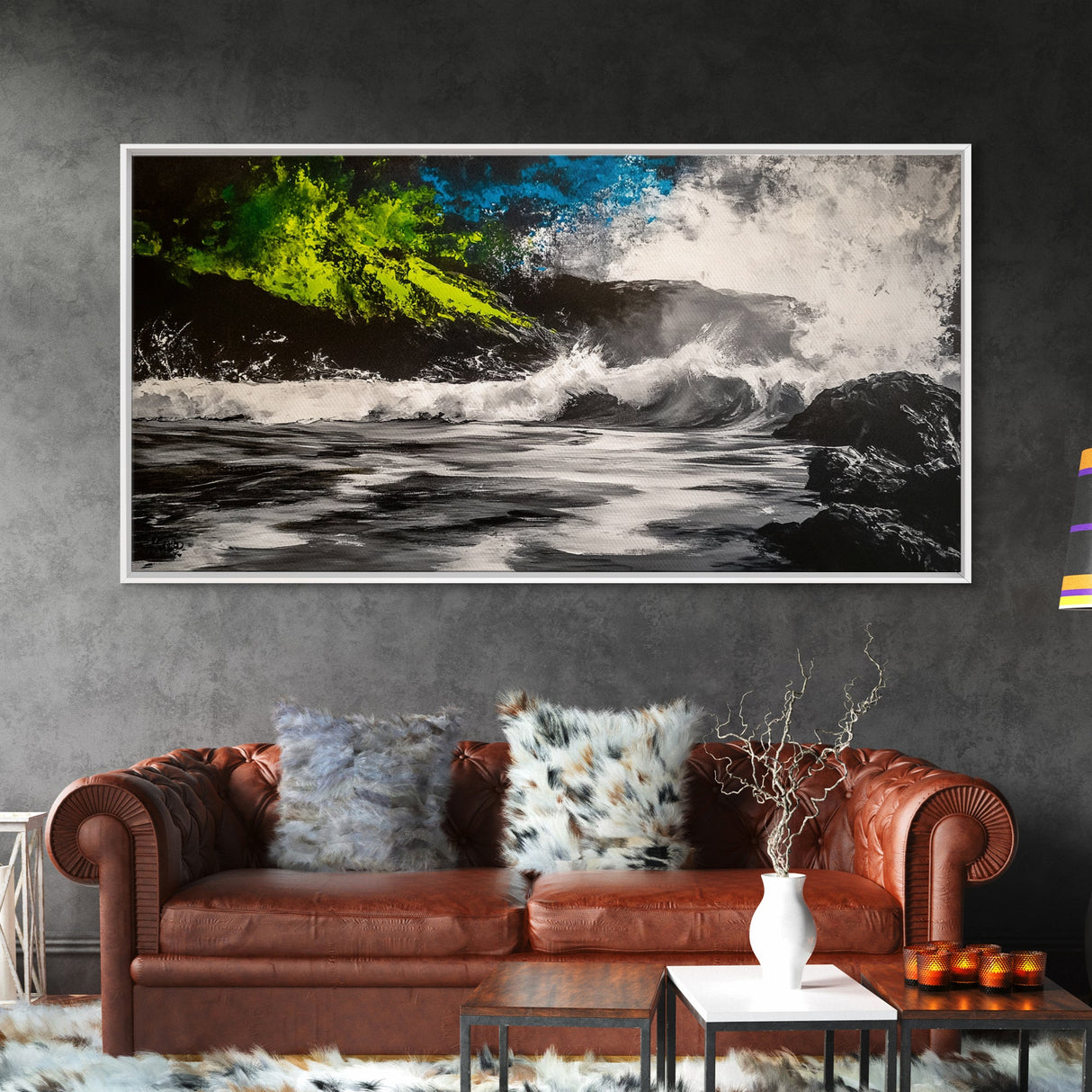 Wild Waves, Ocean Storm, Dramatic Seascape, Coastal Art, Beach House Decor, Framed Canvas Print, Black and White Wall Art, Nature Painting
