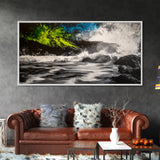 Wild Waves, Ocean Storm, Dramatic Seascape, Coastal Art, Beach House Decor, Framed Canvas Print, Black and White Wall Art, Nature Painting