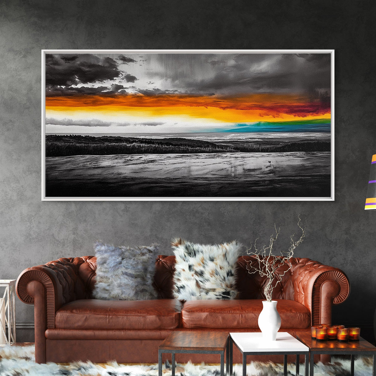 Sunset Horizon, Dramatic Sky, Abstract, Modern Nature Art, Living Room Wall Art, Framed Canvas Print, Colorful Painting, Scenic View