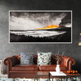 Volcano Eruption, Dramatic Landscape Art, Black and White Wall Art, Fiery Sunset Painting, Large Framed Canvas Print, Office Decor